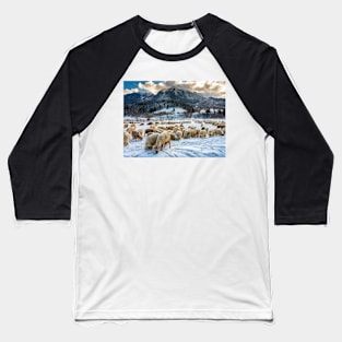 Flock of sheep at the bottom of the mountain Baseball T-Shirt